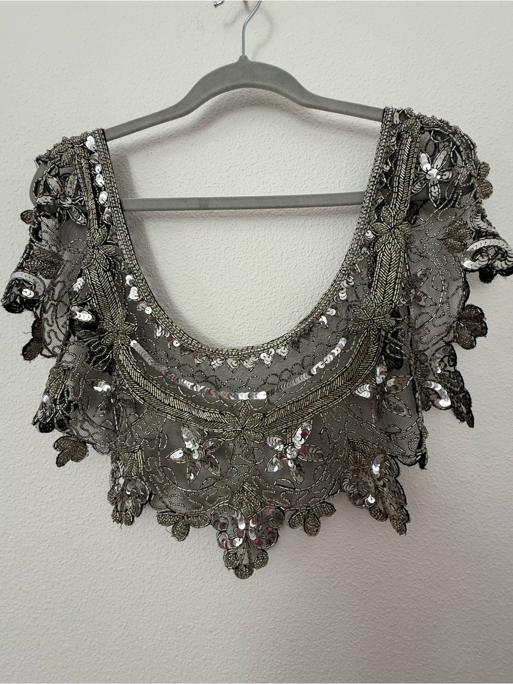 Vintage Style Sequin Glass Beaded Lace Capelet Collar Shrug Shawl Silver OS